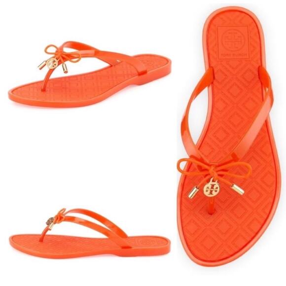 Tory Burch Orange Jelly Bow Thong Flip Flop Sandals Size 7 - Picture 1 of 10